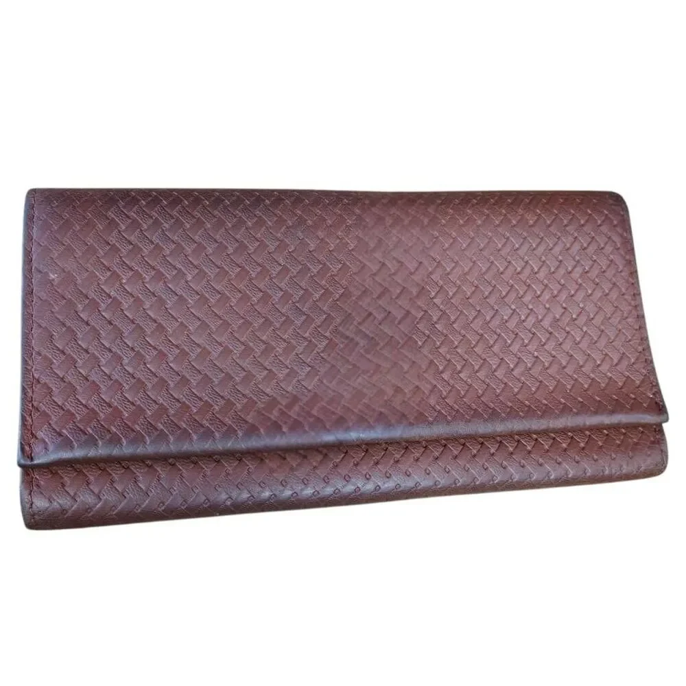 ABLE Handmade Leather Long Wallet Brown Basket Weave Bifold Clutch Organizer